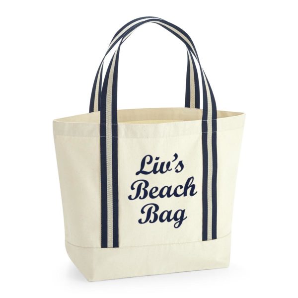 Personalised Organic Cotton Contrast Striped Handle Beach Bag with